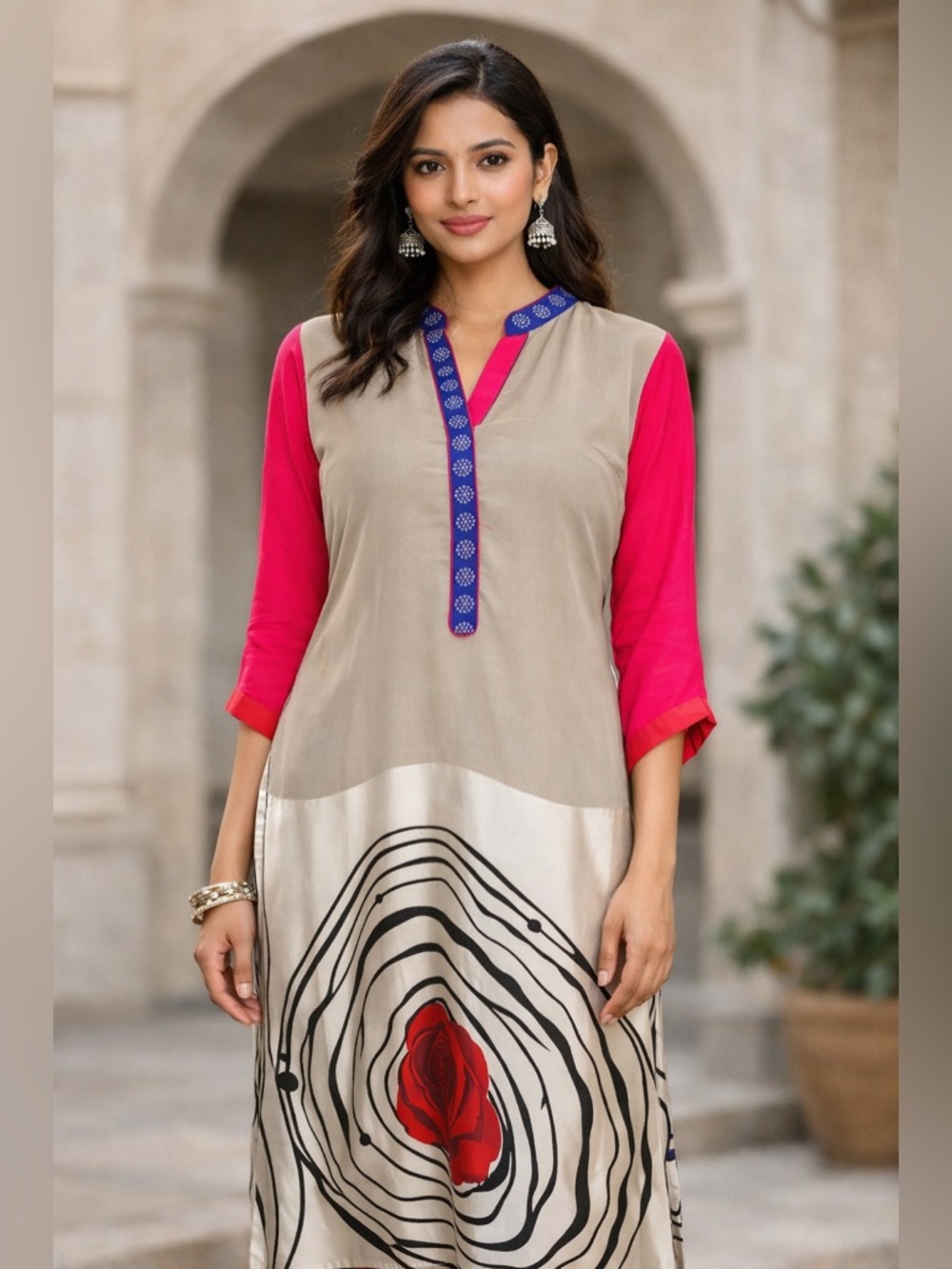 Elegant Beige Pink Kurti Tunic Dress Women’s Medium Ethnic Indian Pakistani Wear